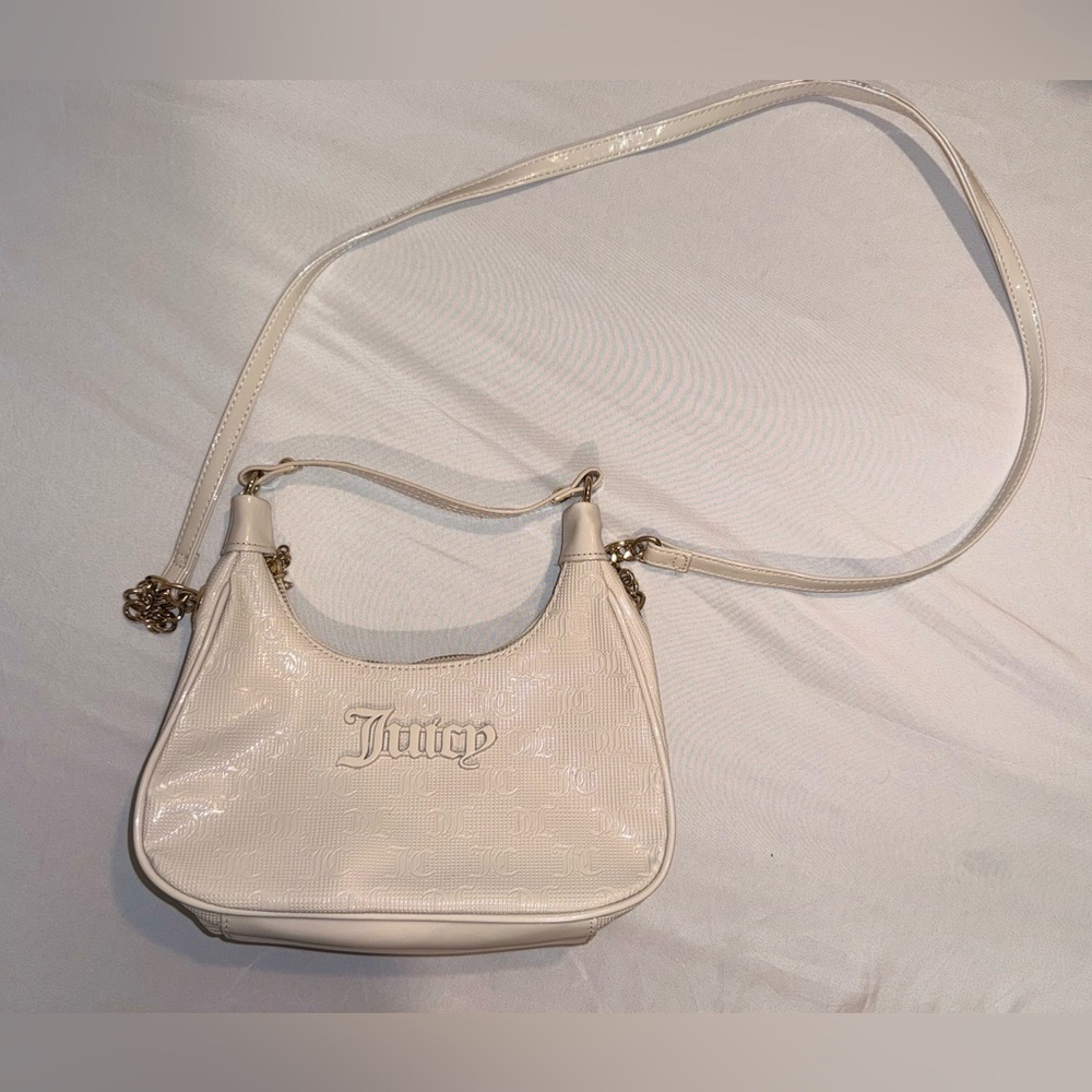 Juicy Couture Semi Charm Y2K Cream Patent Logo 2 Way Straps Shoulder Hobo Bag